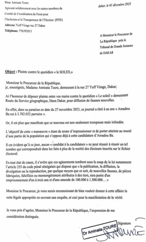 Diffusion de fausses nouvelles: Le "FITE", porté par Aminata Touré, porte plainte contre le quotidien "Le SOLEIL" (DOCUMENT) Diffusion de fausses nouvelles: Le "FITE", porté par Aminata Touré, porte plainte contre le quotidien "Le SOLEIL" (DOCUMENT)