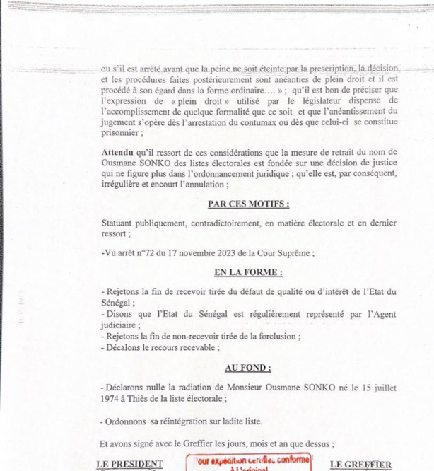 Listes électorales :  Le juge rend publique sa décision ordonnant la réintégration de Ousmane Sonko