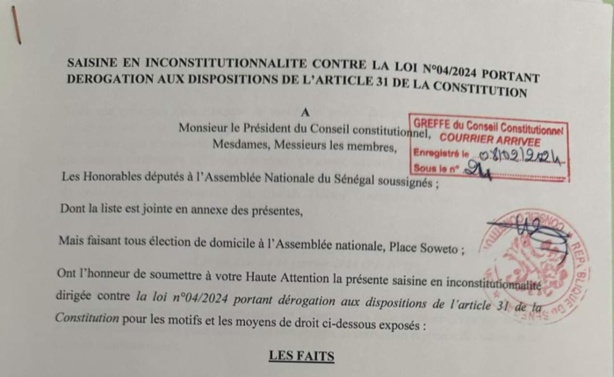 Tenue de la présidentielle le 25 février : 39 députés de Yewwi Askan Wi saisissent le Conseil Constitutionnel (document) Tenue de la présidentielle le 25 février : 39 députés de Yewwi Askan Wi saisissent le Conseil Constitutionnel (document)