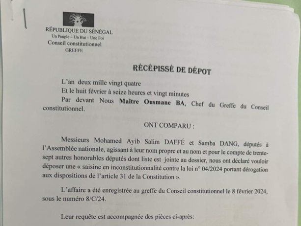 Tenue de la présidentielle le 25 février : 39 députés de Yewwi Askan Wi saisissent le Conseil Constitutionnel (document) Tenue de la présidentielle le 25 février : 39 députés de Yewwi Askan Wi saisissent le Conseil Constitutionnel (document)