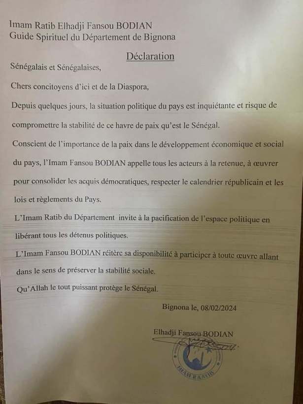Report de la Présidentielle : La réaction du guide religieux Nfansou Bodian