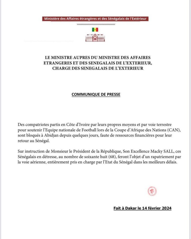 CAN 2023 : l'Etat du Sénégal va rapatrier des supporters Sénégalais bloqués à Abidjan CAN 2023 : l'Etat du Sénégal va rapatrier des supporters Sénégalais bloqués à Abidjan