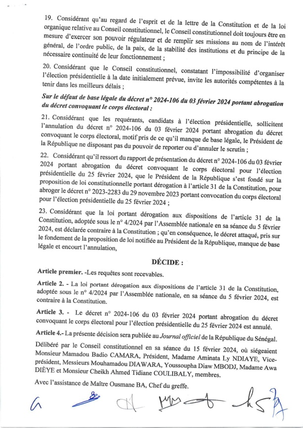 Le CC freine Macky : "Ni le Président de la République, ni le parlement ne peuvent reporter une élection présidentielle "