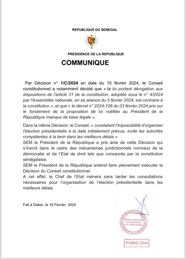 Macky Sall entend faire pleinement exécuter la décision du Conseil Constitutionnel (Communiqué)