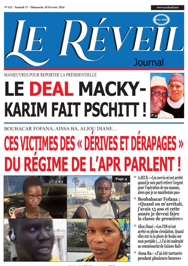 La Une du journal le Reveil du samedi 17 février 2024 La Une du journal le Reveil du samedi 17 février 2024