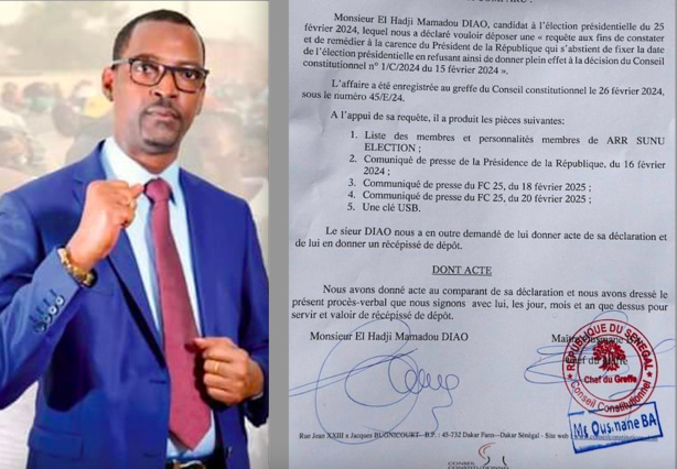 Conseil Constitutionnel: Diao a déposé la requête pour la fixation de la date de l'élection présidentielle Conseil Constitutionnel: Diao a déposé la requête pour la fixation de la date de l'élection présidentielle