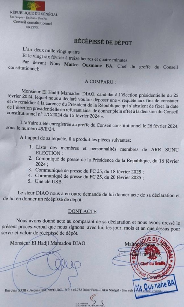 Conseil Constitutionnel: Diao a déposé la requête pour la fixation de la date de l'élection présidentielle Conseil Constitutionnel: Diao a déposé la requête pour la fixation de la date de l'élection présidentielle