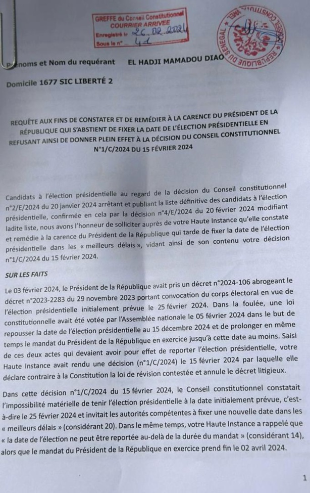 Conseil Constitutionnel: Diao a déposé la requête pour la fixation de la date de l'élection présidentielle Conseil Constitutionnel: Diao a déposé la requête pour la fixation de la date de l'élection présidentielle