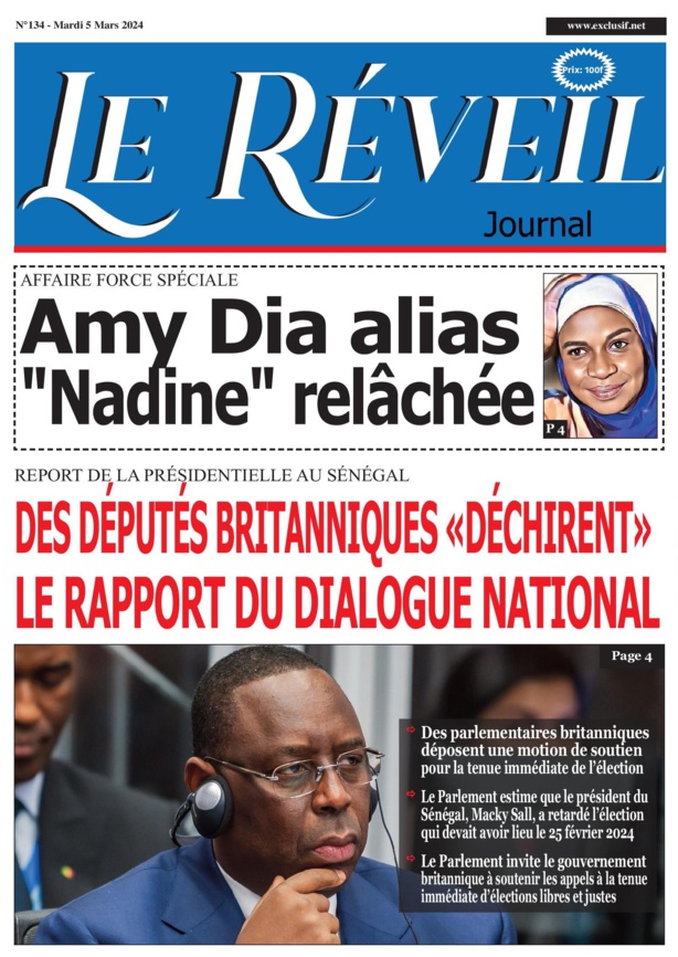 La Une du journal le Reveil du mardi 5 mars 2024 La Une du journal le Reveil du mardi 5 mars 2024