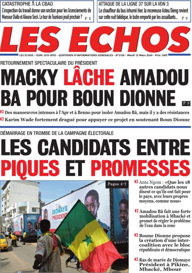 Présidentielle : Macky lâche Amadou Ba pour Boun Dionne (Les Echos) Présidentielle : Macky lâche Amadou Ba pour Boun Dionne (Les Echos)