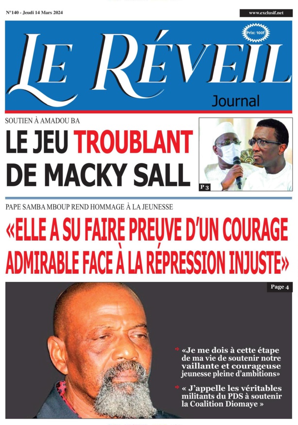 La Une du journal le Reveil du Jeudi 14 mars 2024