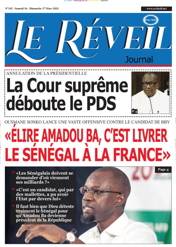 La Une du journal le Reveil du samedi 16 mars 2024