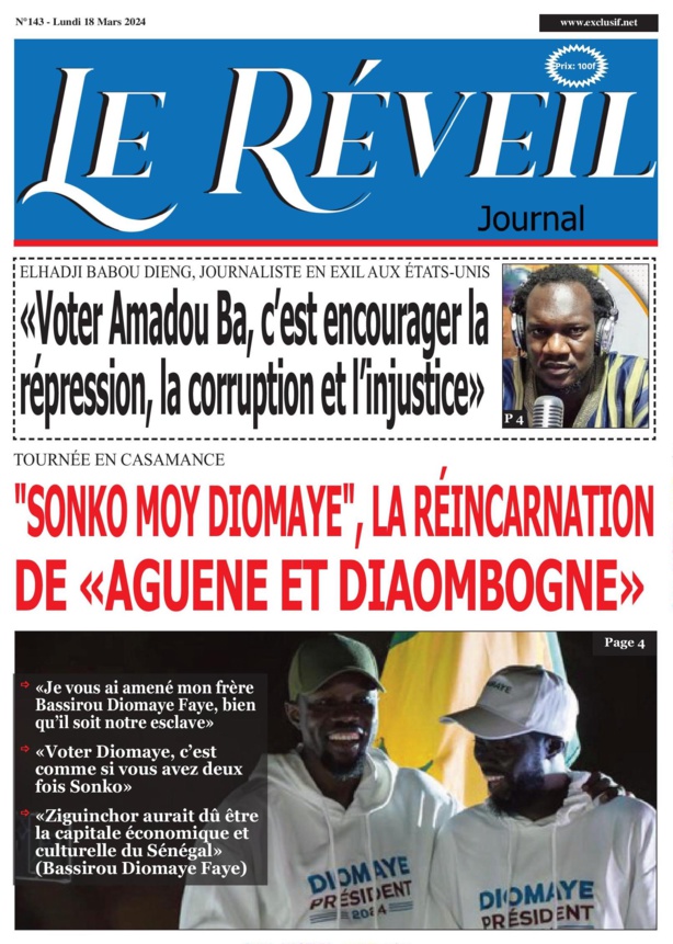 La Une du journal le Reveil du Lundi 18 mars 2024