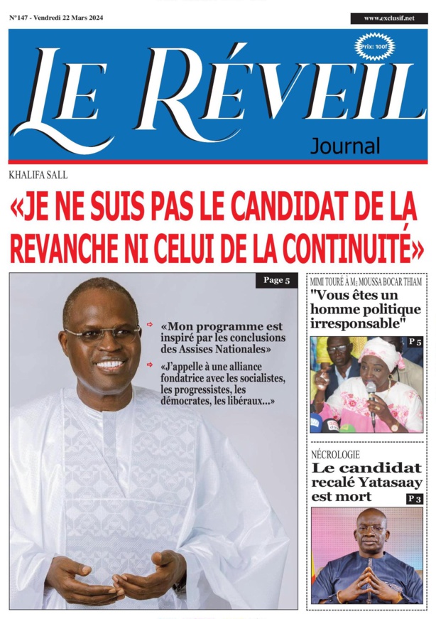 La Une du journal le Reveil du vendredi 22 Mars 2024