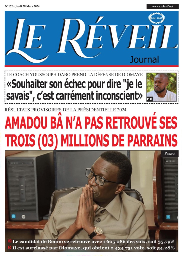La Une du journal le Reveil du Jeudi 28 mars 2024 La Une du journal le Reveil du Jeudi 28 mars 2024