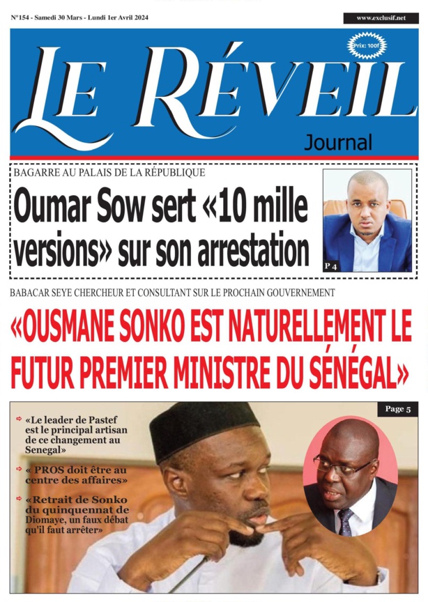 La Une du journal le Reveil du Samedi 30 Mars 2024 La Une du journal le Reveil du Samedi 30 Mars 2024