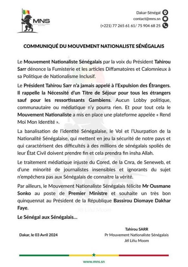 "Tahirou Sarr n’a jamais appelé à l’expulsion des étrangers" (communiqué) "Tahirou Sarr n’a jamais appelé à l’expulsion des étrangers" (communiqué)