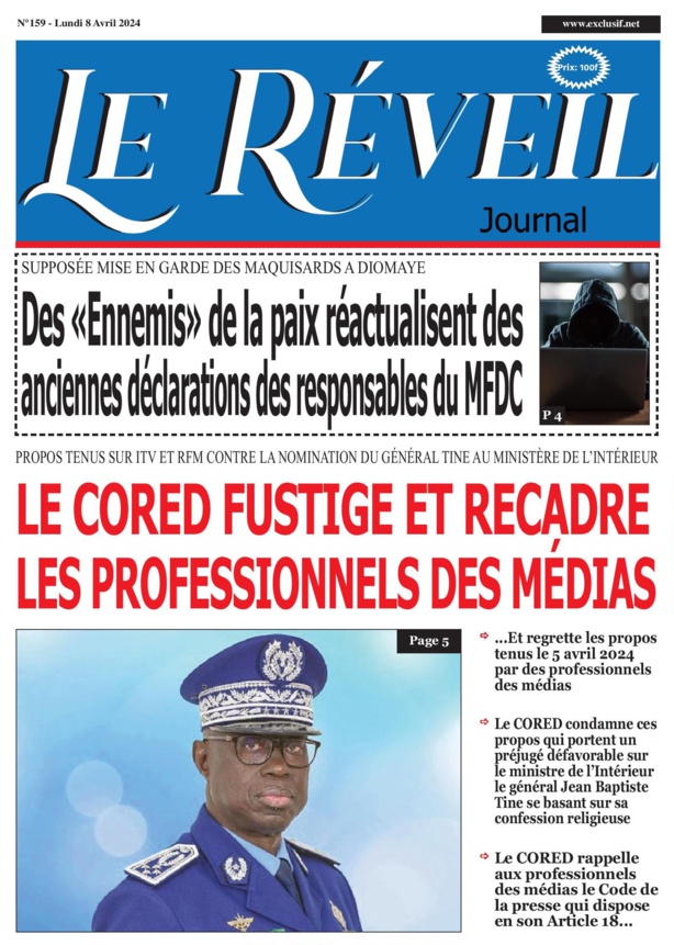 La Une du journal le Reveil du 08 Avril 2024