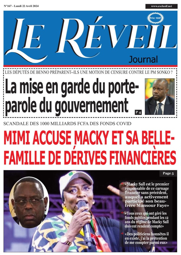 La Une du journal le Reveil du Avril 22 Avril 2024 La Une du journal le Reveil du Avril 22 Avril 2024