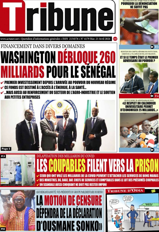 La Une du Journal le Réveil du Mardi 23 Avril 2024