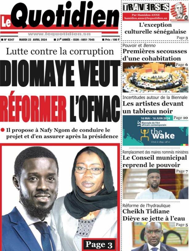 La Une du Journal le Réveil du Mardi 23 Avril 2024