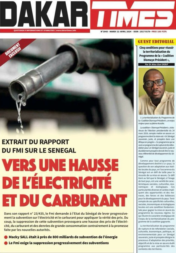 La Une du Journal le Réveil du Mardi 23 Avril 2024