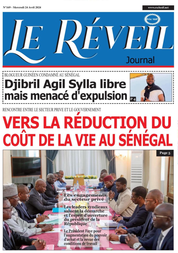 La Une du journal Le Réveil du Mercredi 24 Avril 2024
