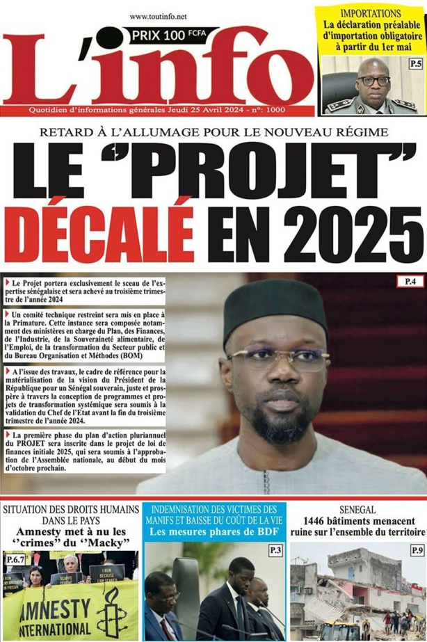 La Une du journal le Réveil du 25 Avril 2024 La Une du journal le Réveil du 25 Avril 2024