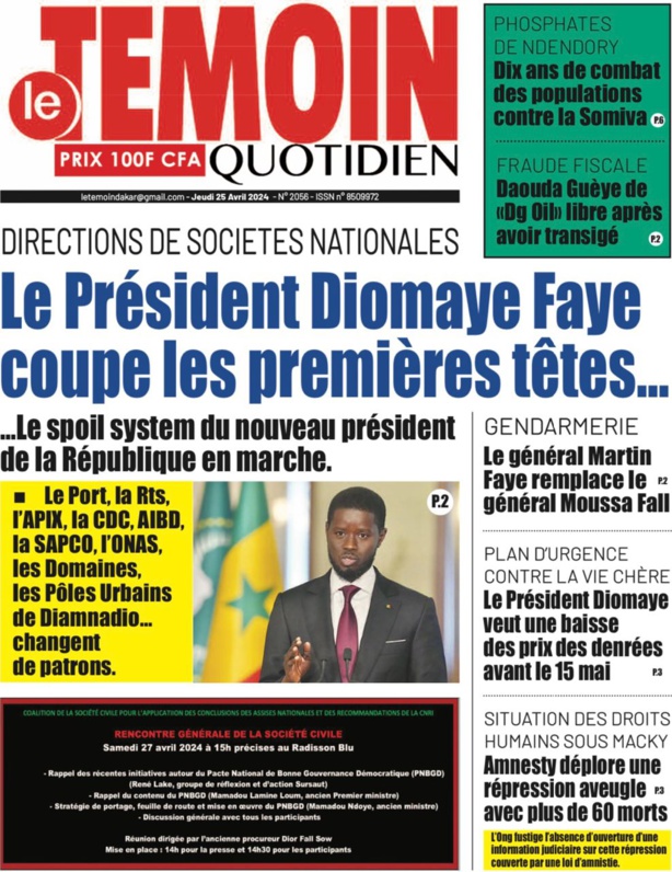 La Une du journal le Réveil du 25 Avril 2024 La Une du journal le Réveil du 25 Avril 2024