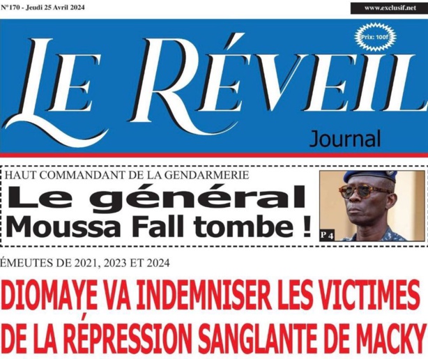 La Une du journal le Réveil du 25 Avril 2024