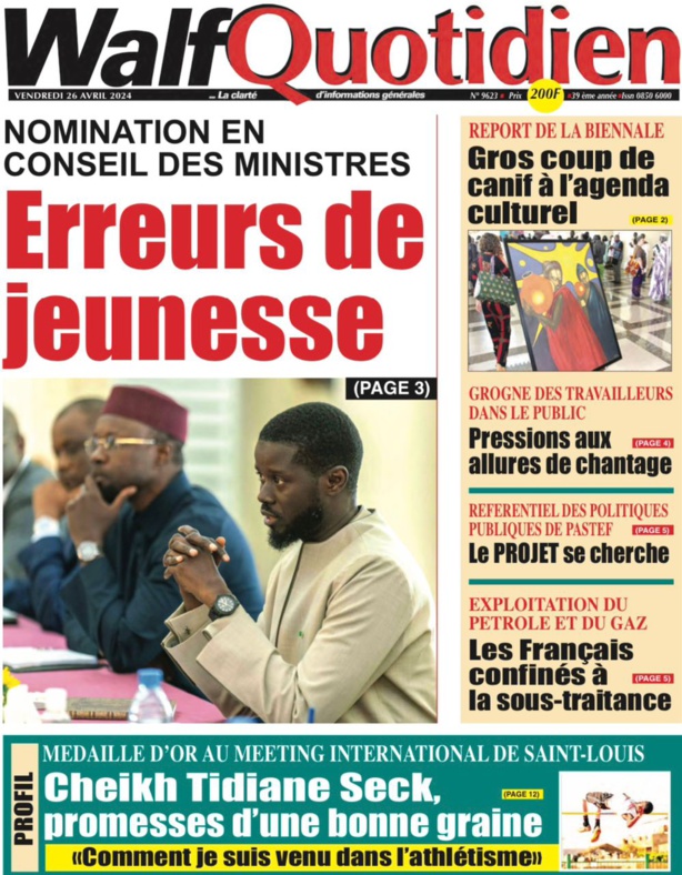 La Une du journal le réveil du vendredi 26 Avril 2024