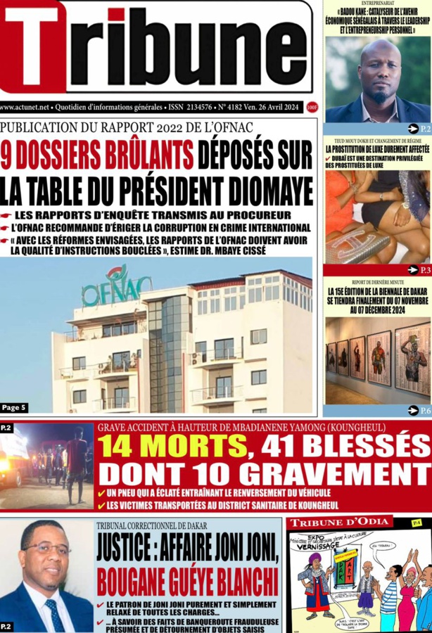 La Une du journal le réveil du vendredi 26 Avril 2024 La Une du journal le réveil du vendredi 26 Avril 2024