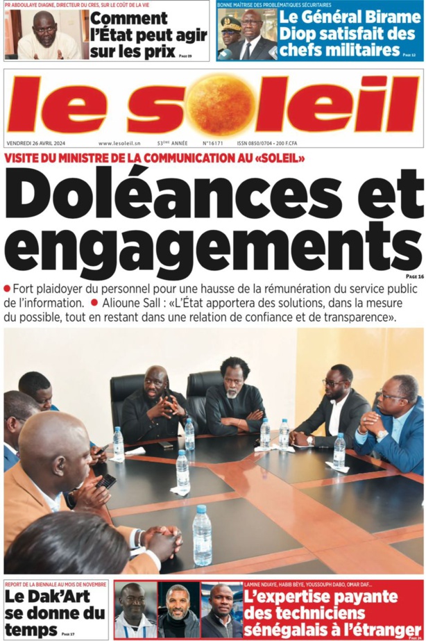 La Une du journal le réveil du vendredi 26 Avril 2024