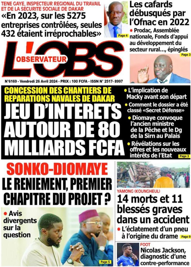 La Une du journal le réveil du vendredi 26 Avril 2024