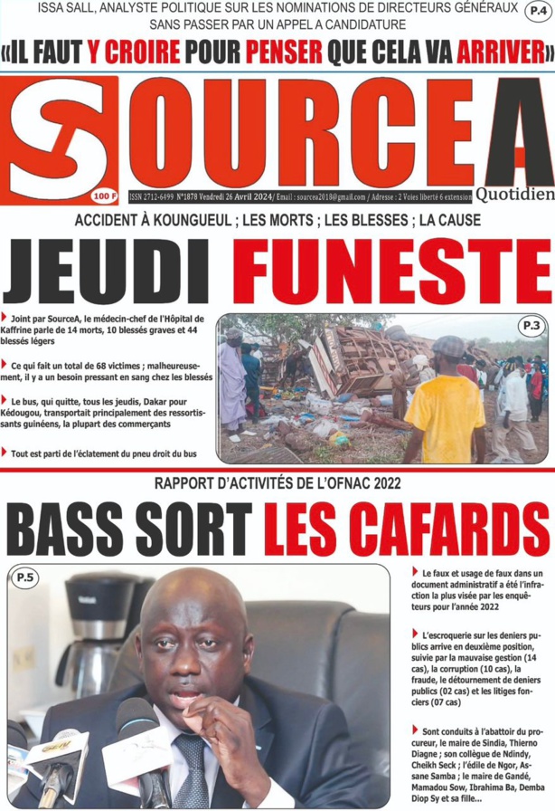 La Une du journal le réveil du vendredi 26 Avril 2024