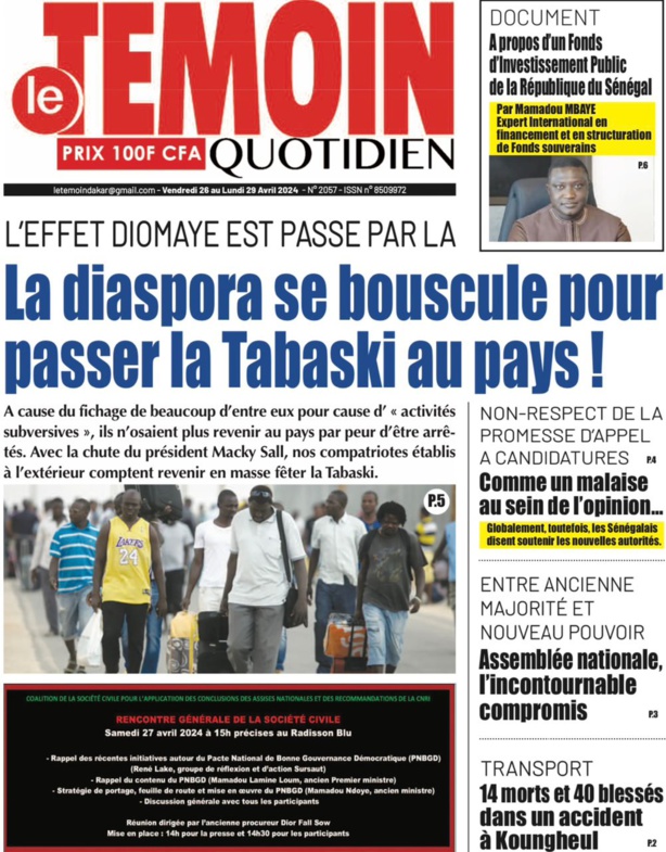 La Une du journal le réveil du vendredi 26 Avril 2024