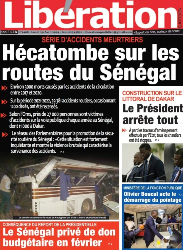 La Une du journal le réveil du Lundi 29 avril 2024