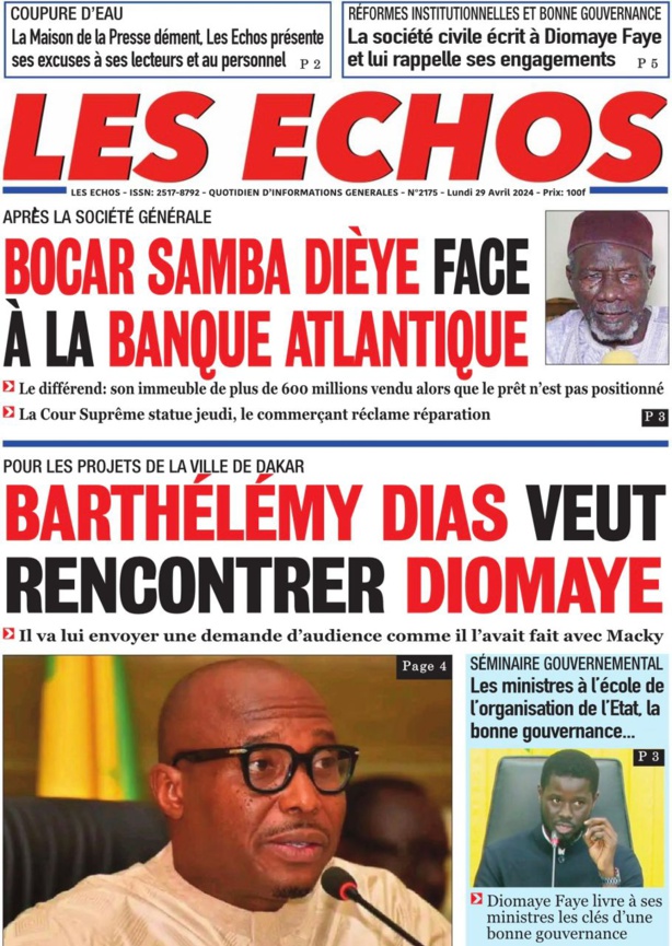 La Une du journal le réveil du Lundi 29 avril 2024