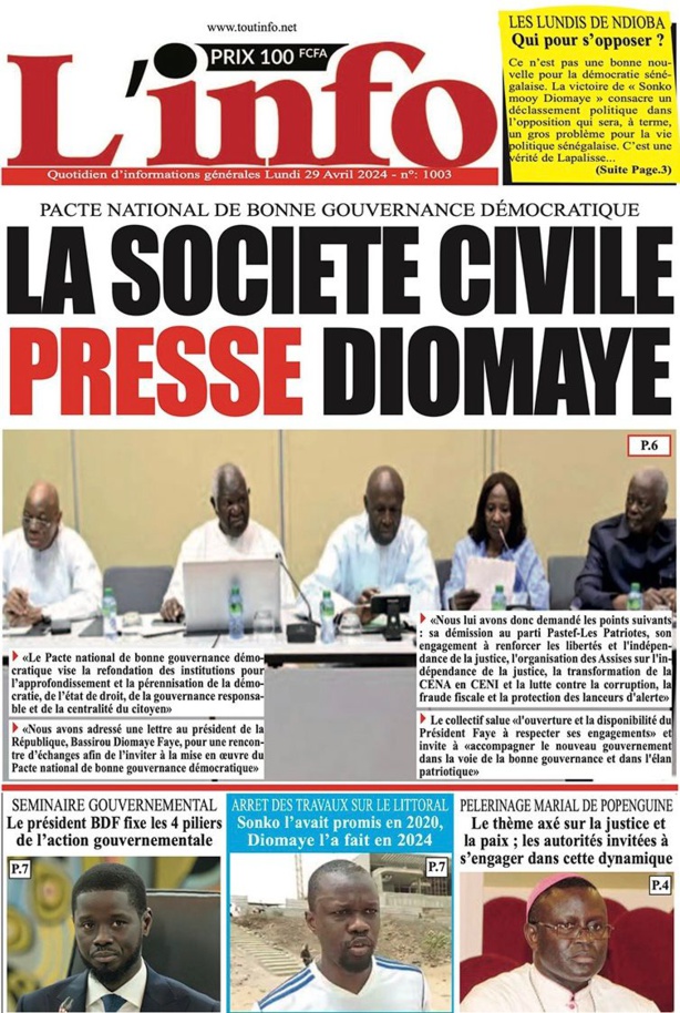 La Une du journal le réveil du Lundi 29 avril 2024 La Une du journal le réveil du Lundi 29 avril 2024