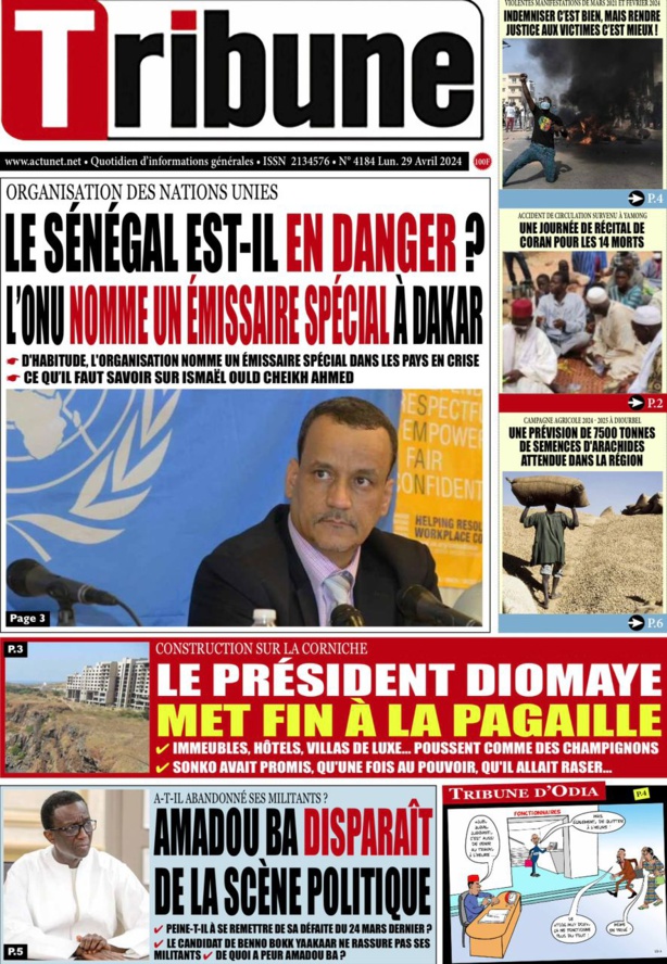 La Une du journal le réveil du Lundi 29 avril 2024