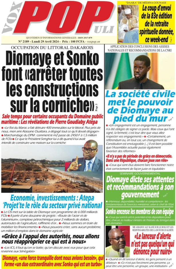 La Une du journal le réveil du Lundi 29 avril 2024 La Une du journal le réveil du Lundi 29 avril 2024