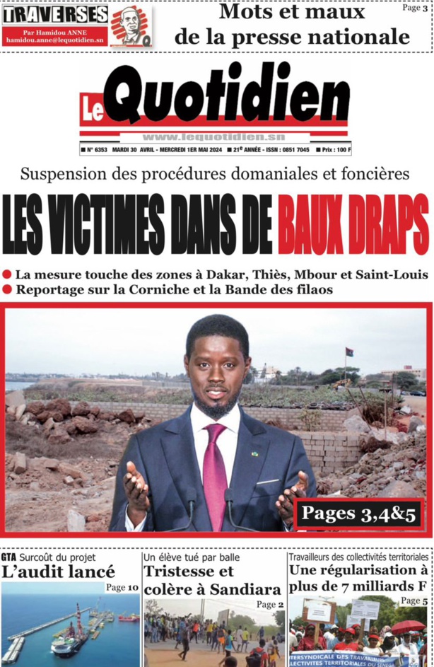 La Une du journal le réveil du Mardi 30 avril 2024