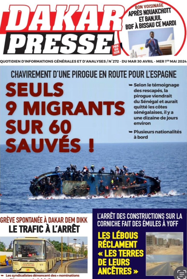 La Une du journal le réveil du Mardi 30 avril 2024 La Une du journal le réveil du Mardi 30 avril 2024