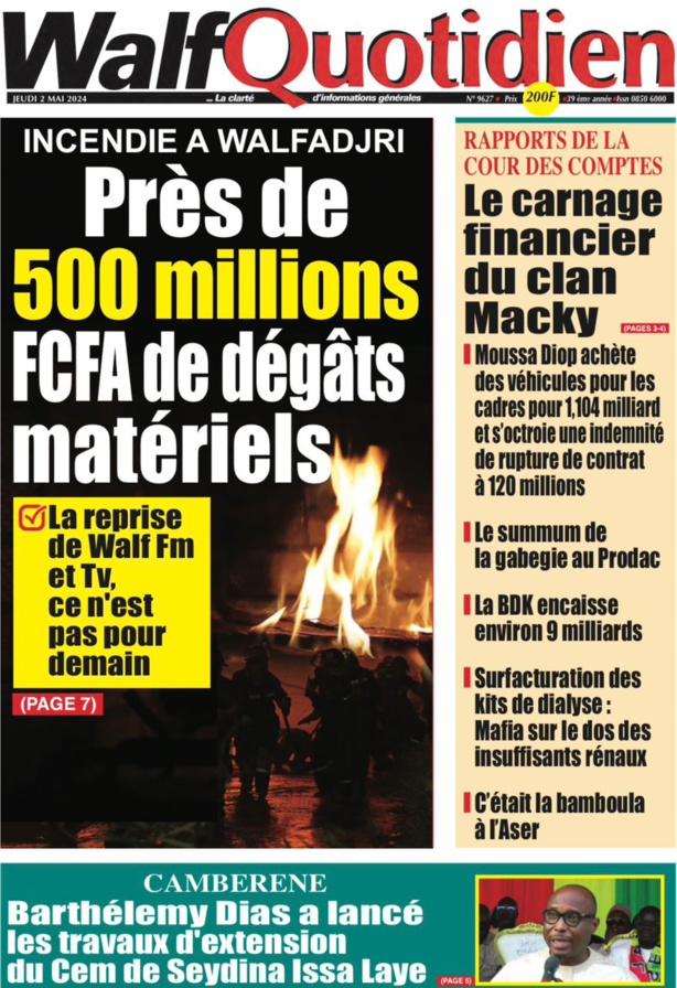 La Une du quotidien le Réveil du jeudi 02 mai 2024 La Une du quotidien le Réveil du jeudi 02 mai 2024