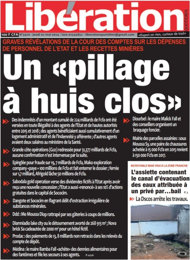 La Une du quotidien le Réveil du jeudi 02 mai 2024