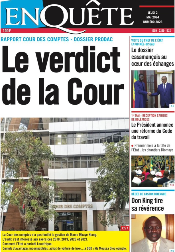 La Une du quotidien le Réveil du jeudi 02 mai 2024