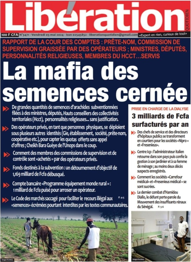 La Une du quotidien le Réveil du Vendredi 03 mai 2024