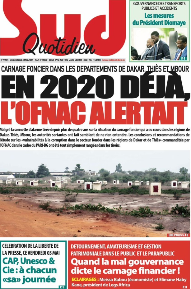La Une du quotidien le Réveil du Vendredi 03 mai 2024