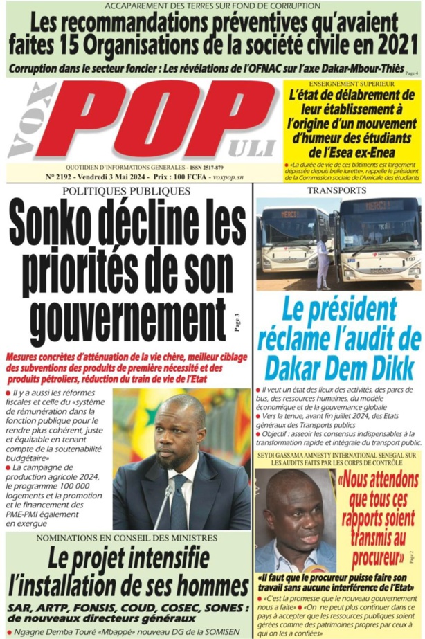 La Une du quotidien le Réveil du Vendredi 03 mai 2024