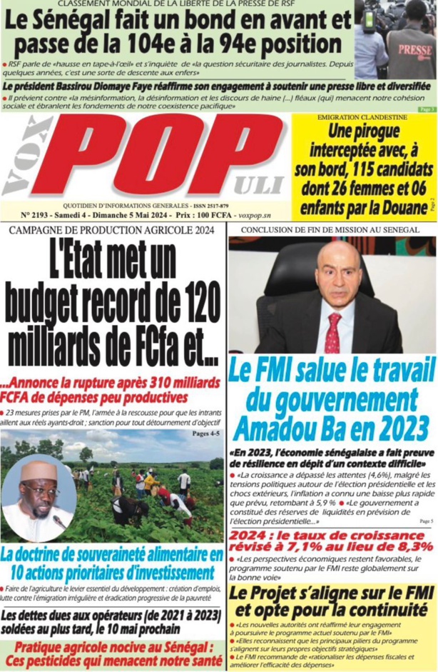 La Une du quotidien le Réveil du Samedi 04 mai 2024 La Une du quotidien le Réveil du Samedi 04 mai 2024